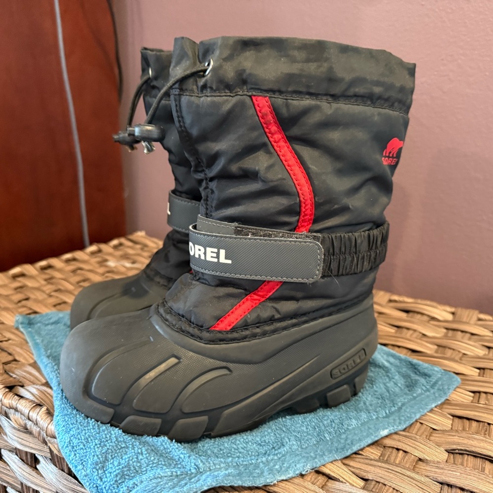 Sorel Black & Red Kids Insulated Snow Boots